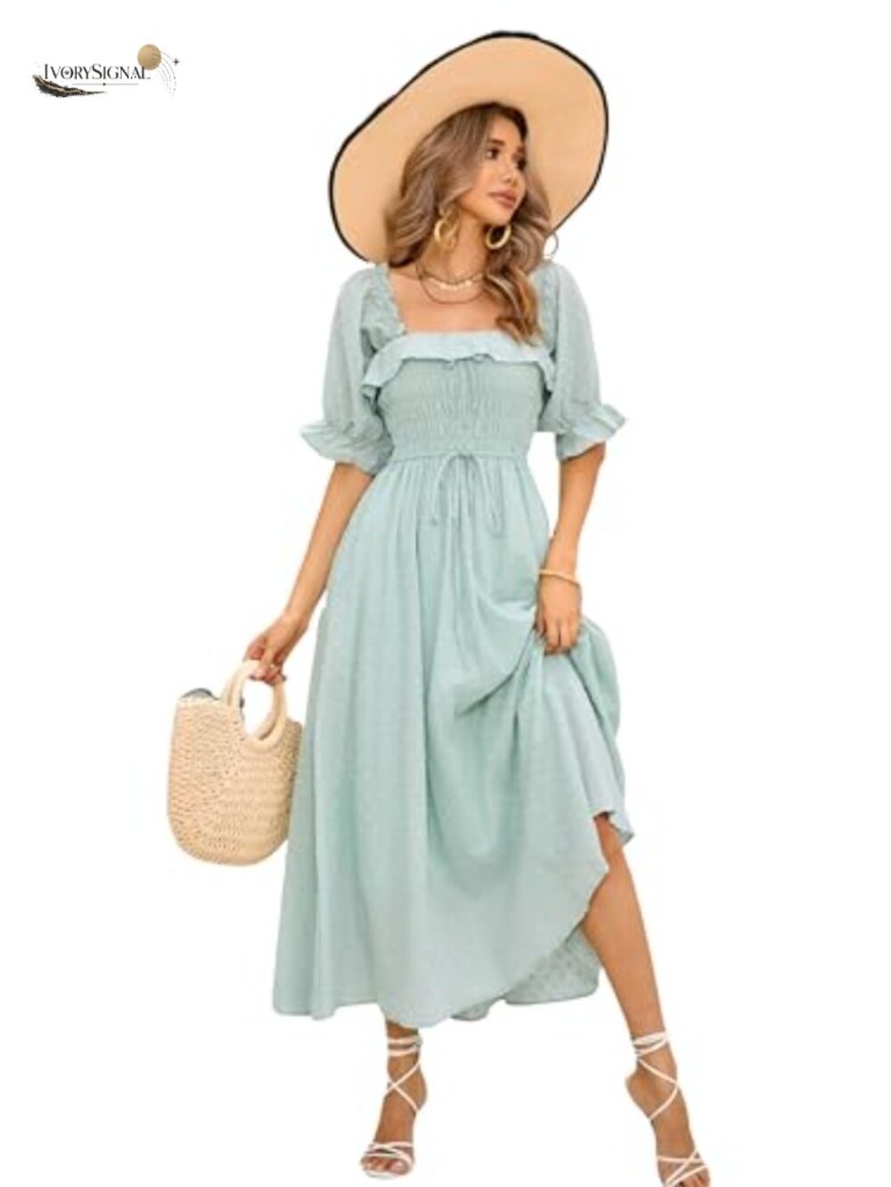 100% Cotton Ruffle Puff Sleeve A Line Midi Dress Backless Summer